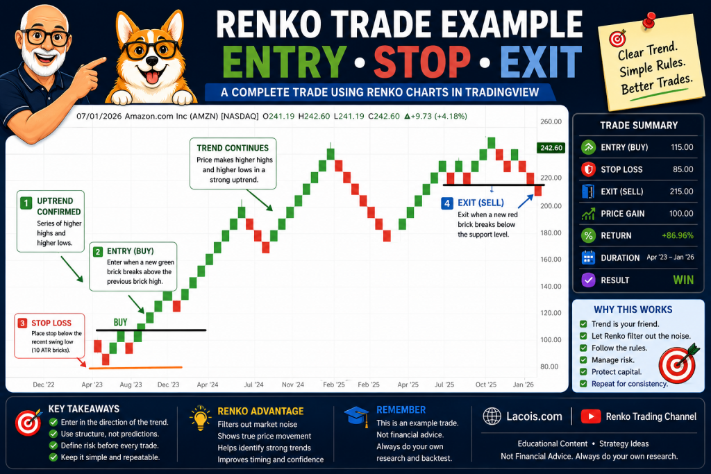 Renko trading example infographic using an Amazon (AMZN) Renko chart to illustrate a complete trade, including trend confirmation, buy entry, stop-loss placement, higher highs and higher lows, and exit after trend reversal.
