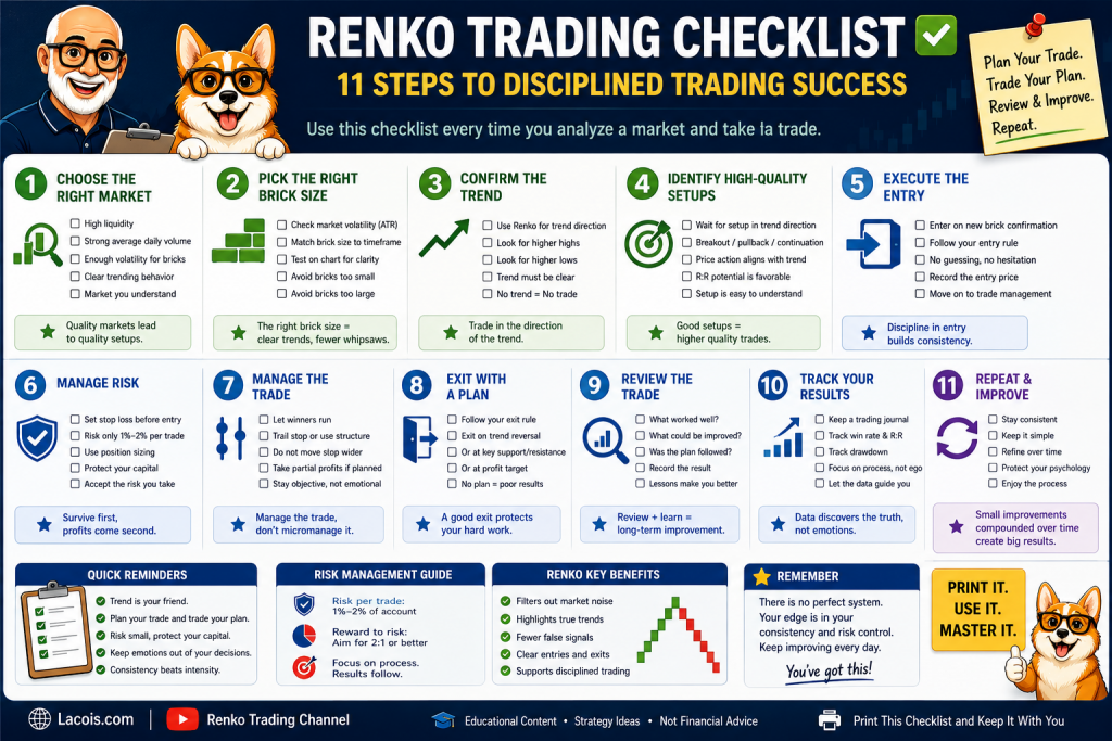 Printable Renko trading checklist infographic showing an 11-step process for building and following a disciplined Renko trading system, including market selection, brick size, trend confirmation, trade setup, entry, risk management, exits, trade review, and continuous improvement.
