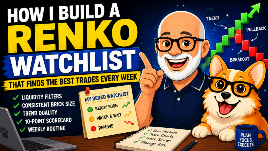 How to build a Renko watchlist featuring Carl and Bax with a Renko chart, weekly watchlist checklist, trend analysis, pullback, breakout, and 10-point scorecard.
