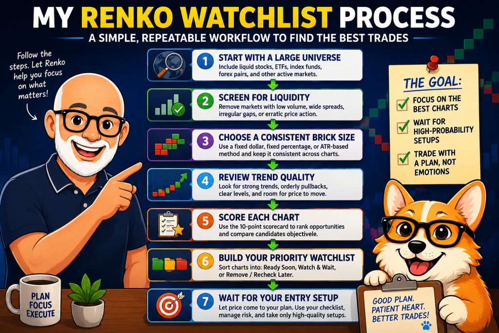How I Build a Renko Watchlist That Finds the Best Trades Every Week 2 Renko watchlist workflow infographic showing Carl and Bax demonstrating a step-by-step process for screening markets, selecting brick size, scoring charts, and building a weekly watchlist.