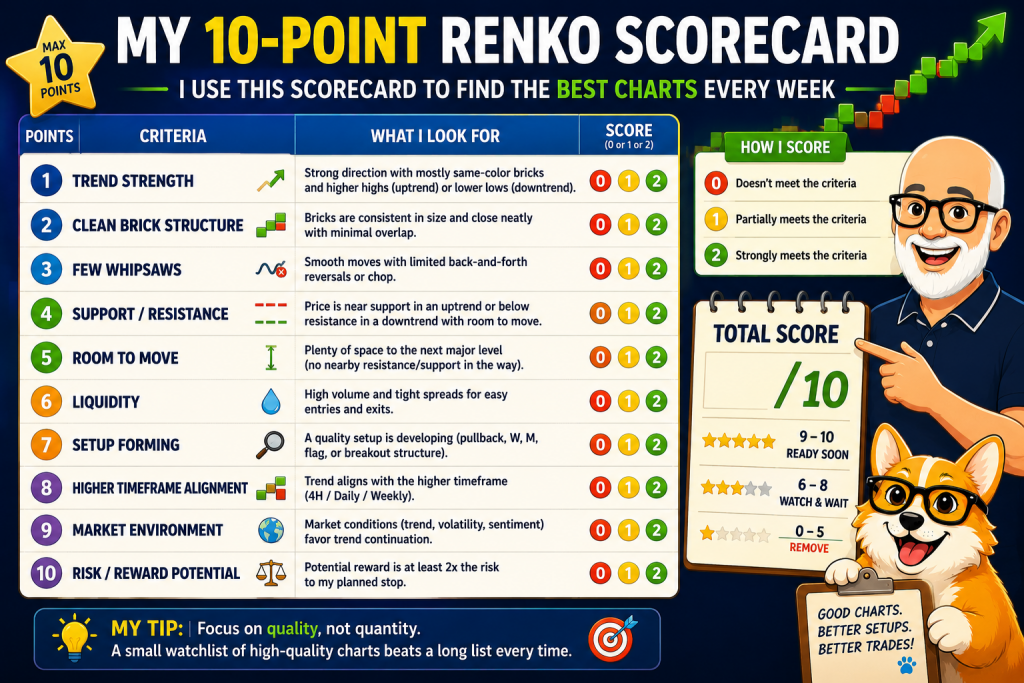How I Build a Renko Watchlist That Finds the Best Trades Every Week 3 10-point Renko scorecard infographic showing Carl and Bax evaluating trend strength, brick quality, support and resistance, liquidity, and trade setup quality to rank Renko watchlist candidates.
