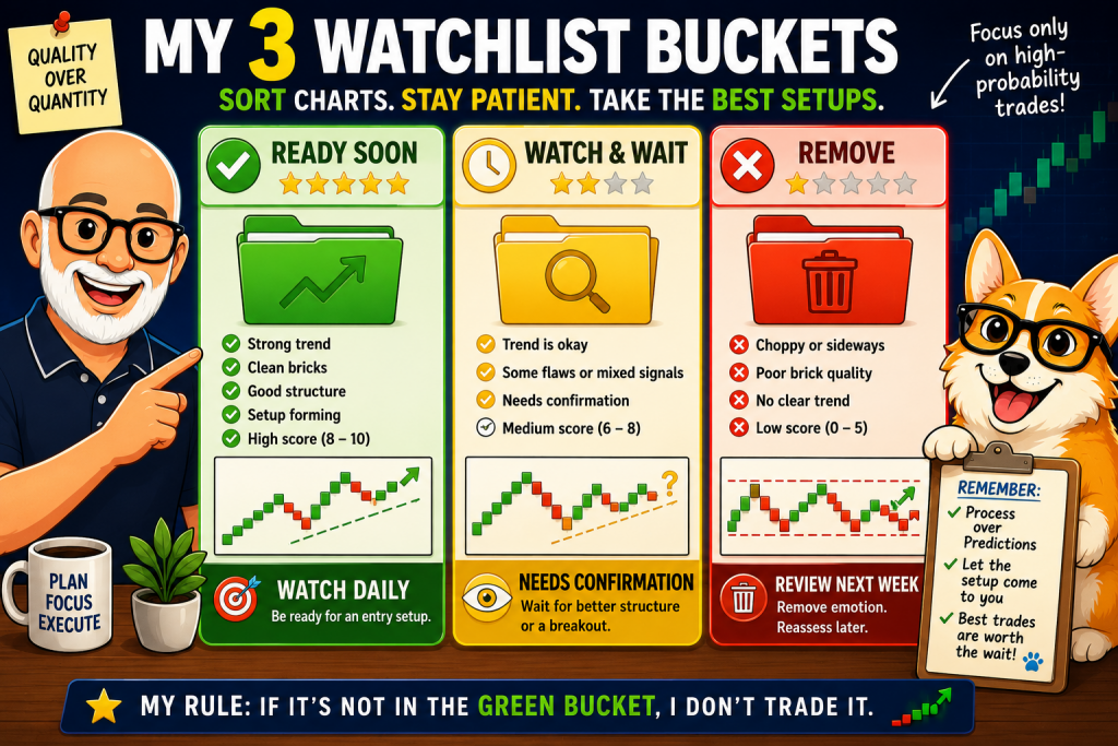 How I Build a Renko Watchlist That Finds the Best Trades Every Week 4 Three Renko watchlist buckets infographic showing Carl and Bax sorting charts into Ready Soon, Watch & Wait, and Remove categories based on trend quality and trade readiness.