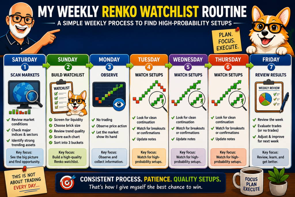 How I Build a Renko Watchlist That Finds the Best Trades Every Week 5 Weekly Renko watchlist routine timeline showing Carl and Bax following a seven-day process to scan markets, build a watchlist, monitor setups, and review trading results.