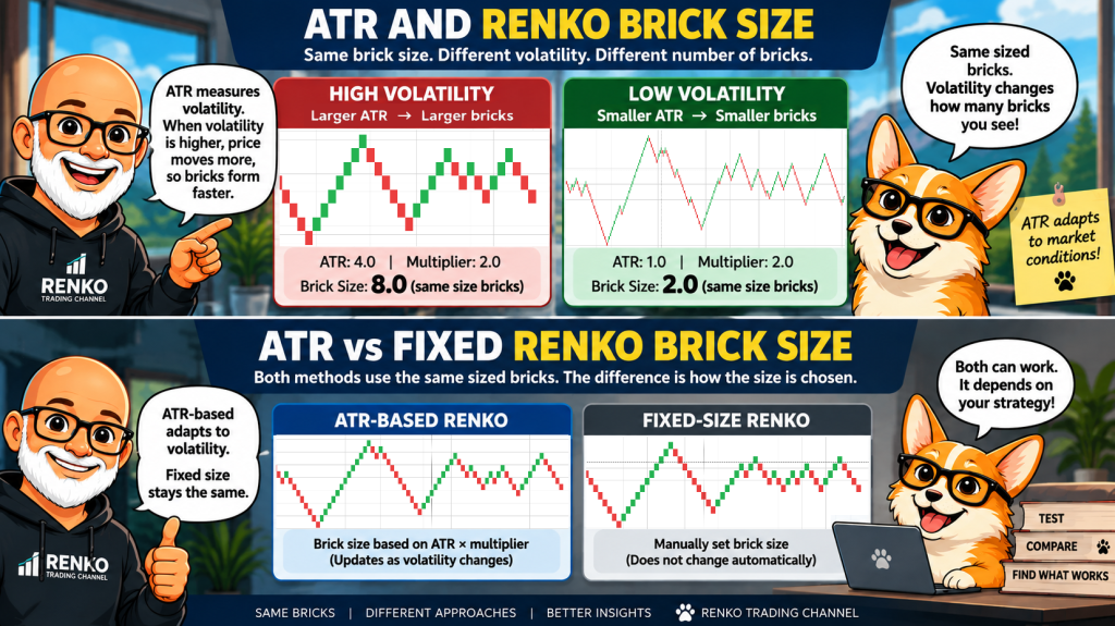 ATR Based Renko Chart Brick Size Calculation (Proven Tips and Tricks) 2 ATR Renko brick size comparison showing how volatility affects brick sizing and comparing ATR-based vs fixed-size Renko bricks